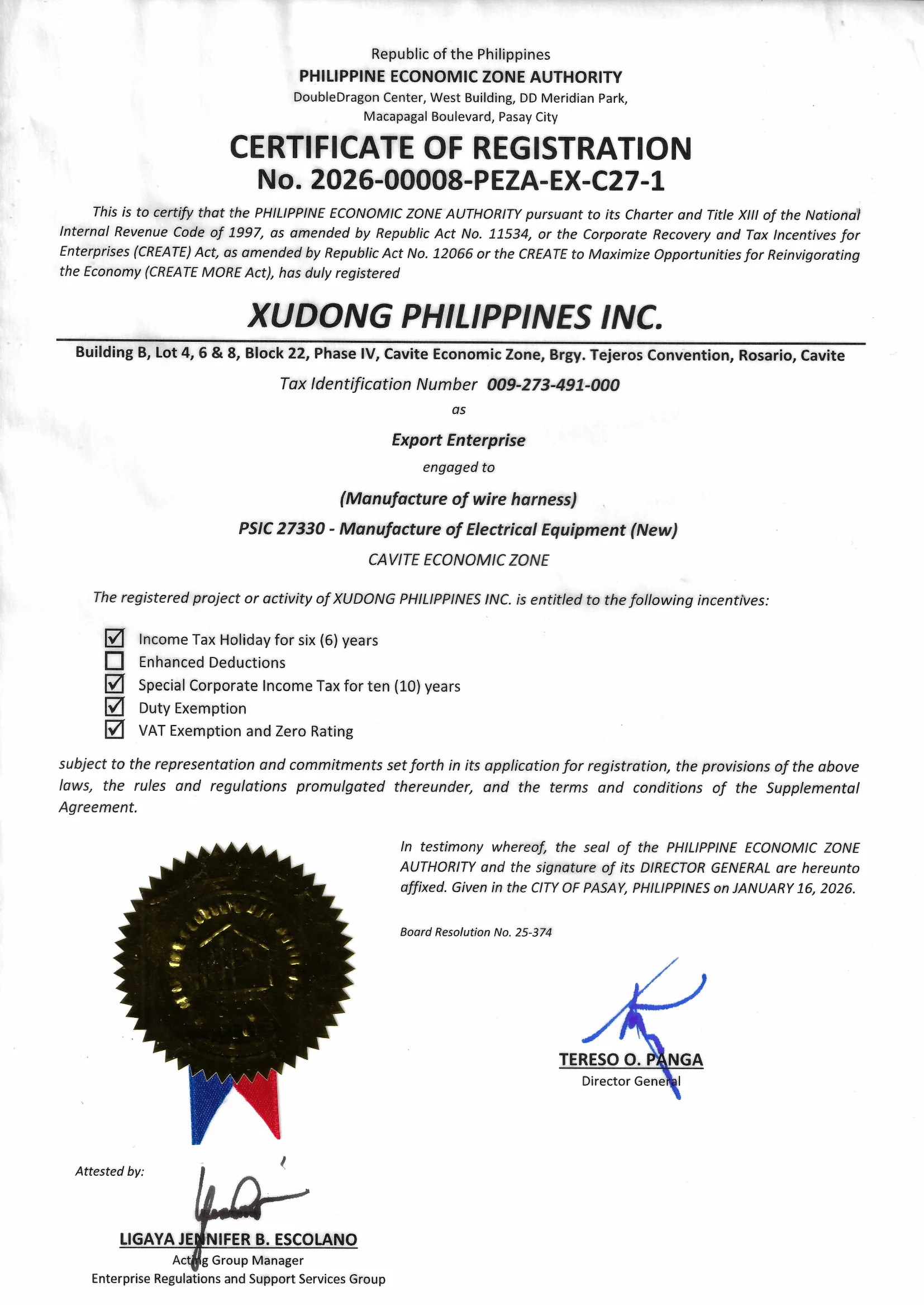 XUDONG PHILIPPINES INC. PEZA 등록증 제2026-00008-PEZA-EX-C27-1호